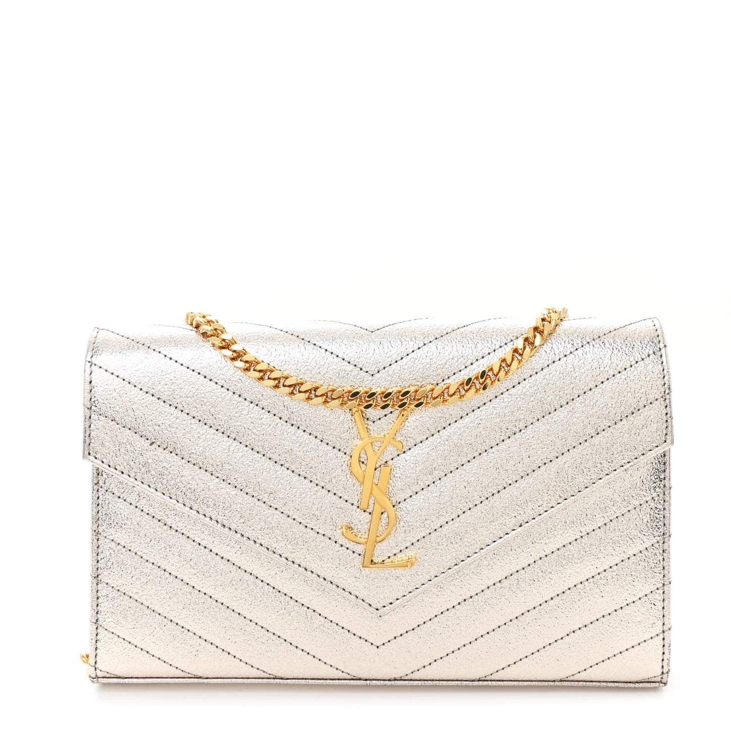 Metallic Grain De Poudre Matelasse Chevron Monogram Chain Wallet Gold