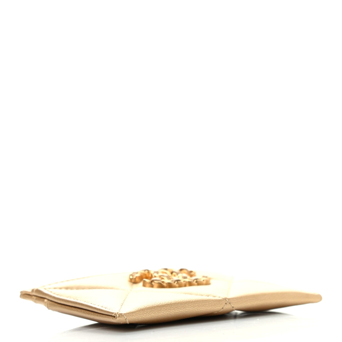 Metallic Lambskin Quilted Chanel 19 Card Holder Gold