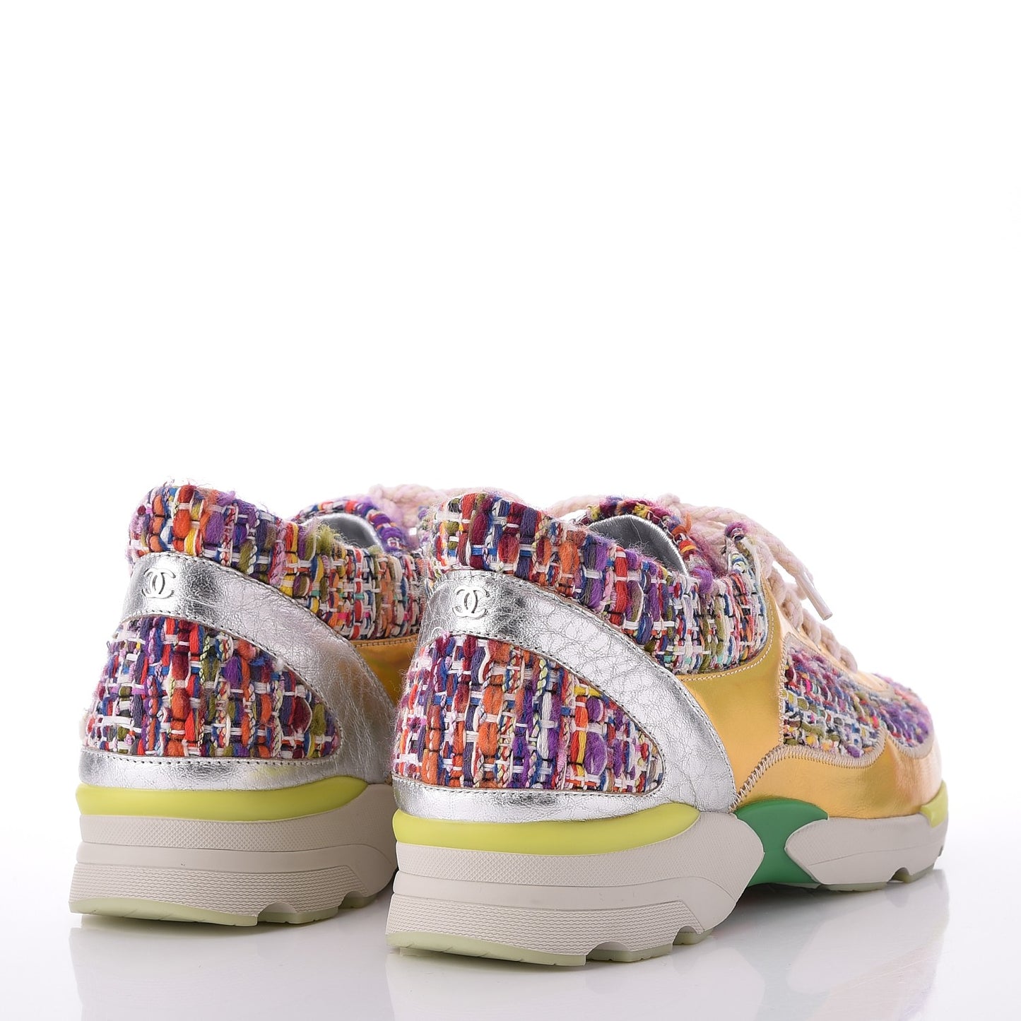 Tweed Lambskin Runway Sneakers 38.5 Silver Multicolor
