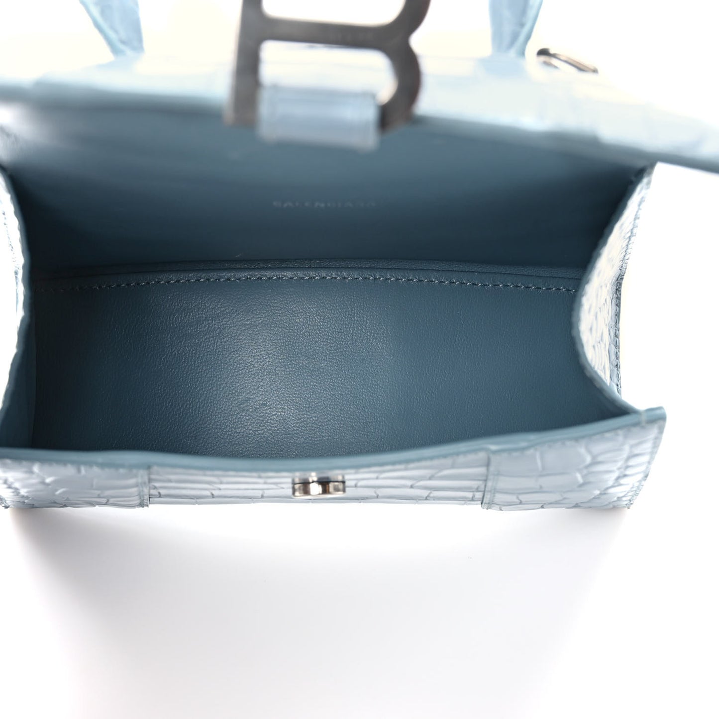 Shiny Calfskin Crocodile Embossed Hourglass Top Handle Bag XS Blue Grey