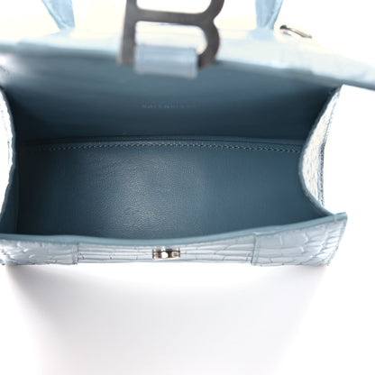 Balenciaga Shiny Calfskin Crocodile Embossed Hourglass Top Handle Bag XS Blue Grey 4 of 8