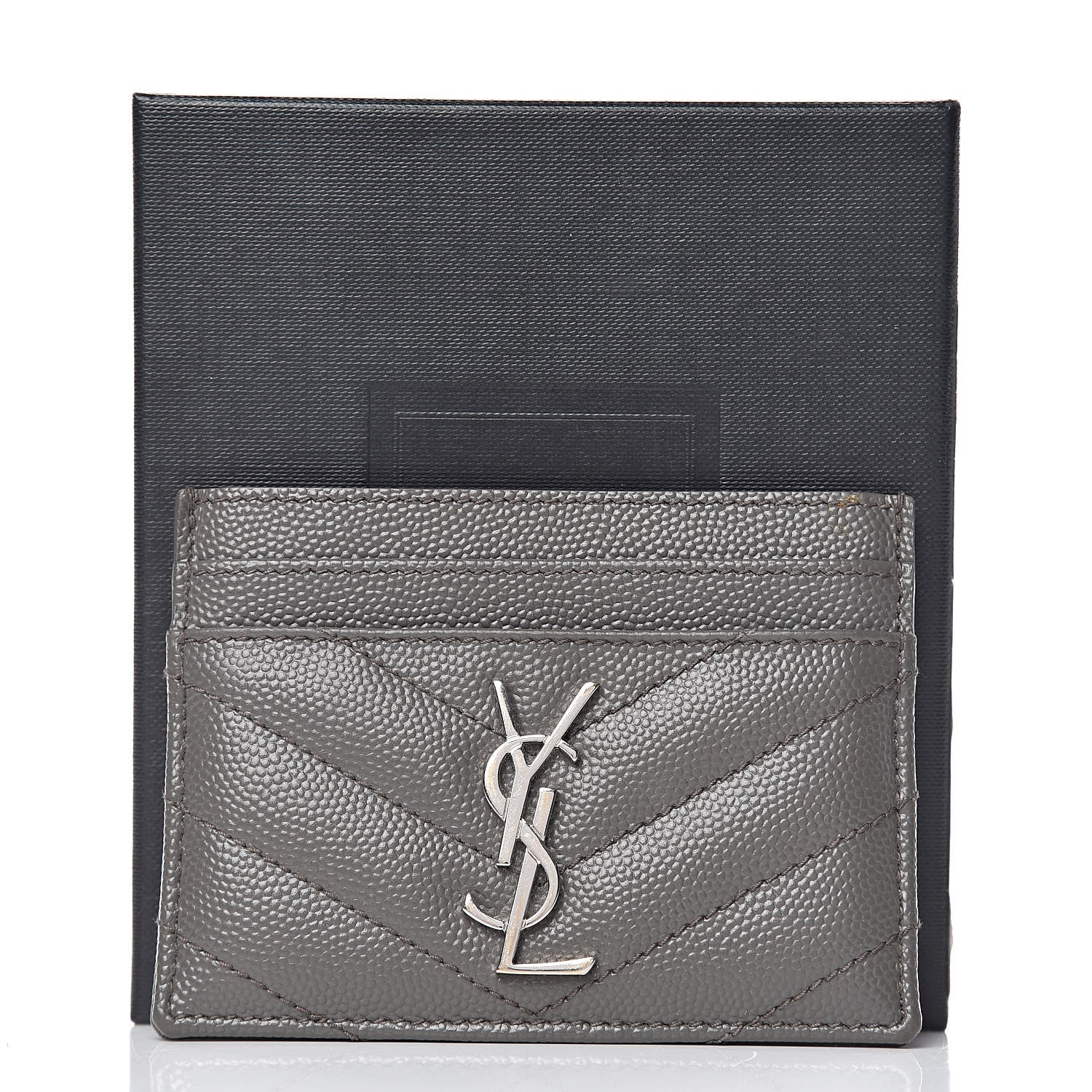 Saint Laurent Grain De Poudre Matelasse Chevron Monogram Credit Card Case Coal 8 of 8