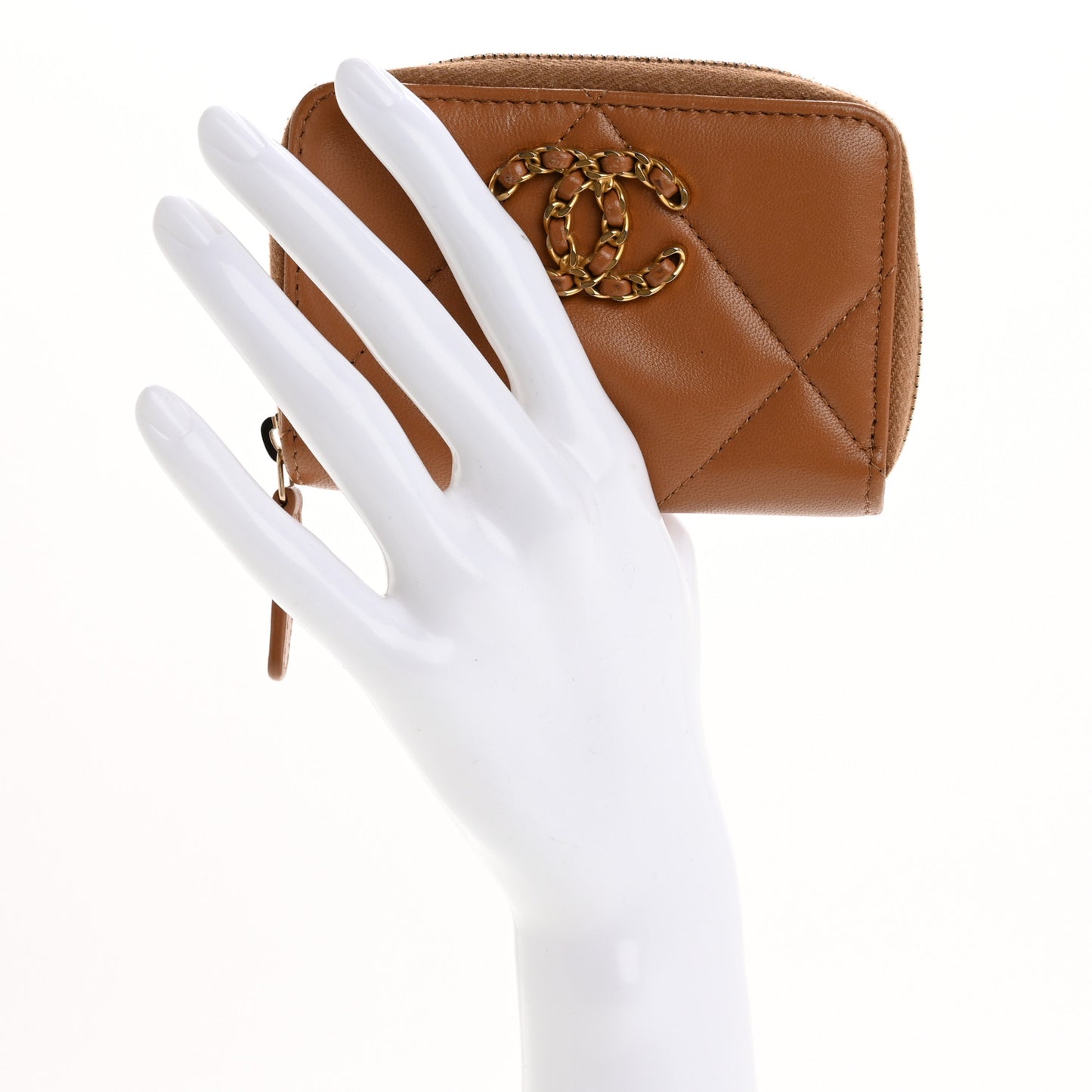 Lambskin Quilted Chanel 19 Zip Around Coin Purse Wallet Brown