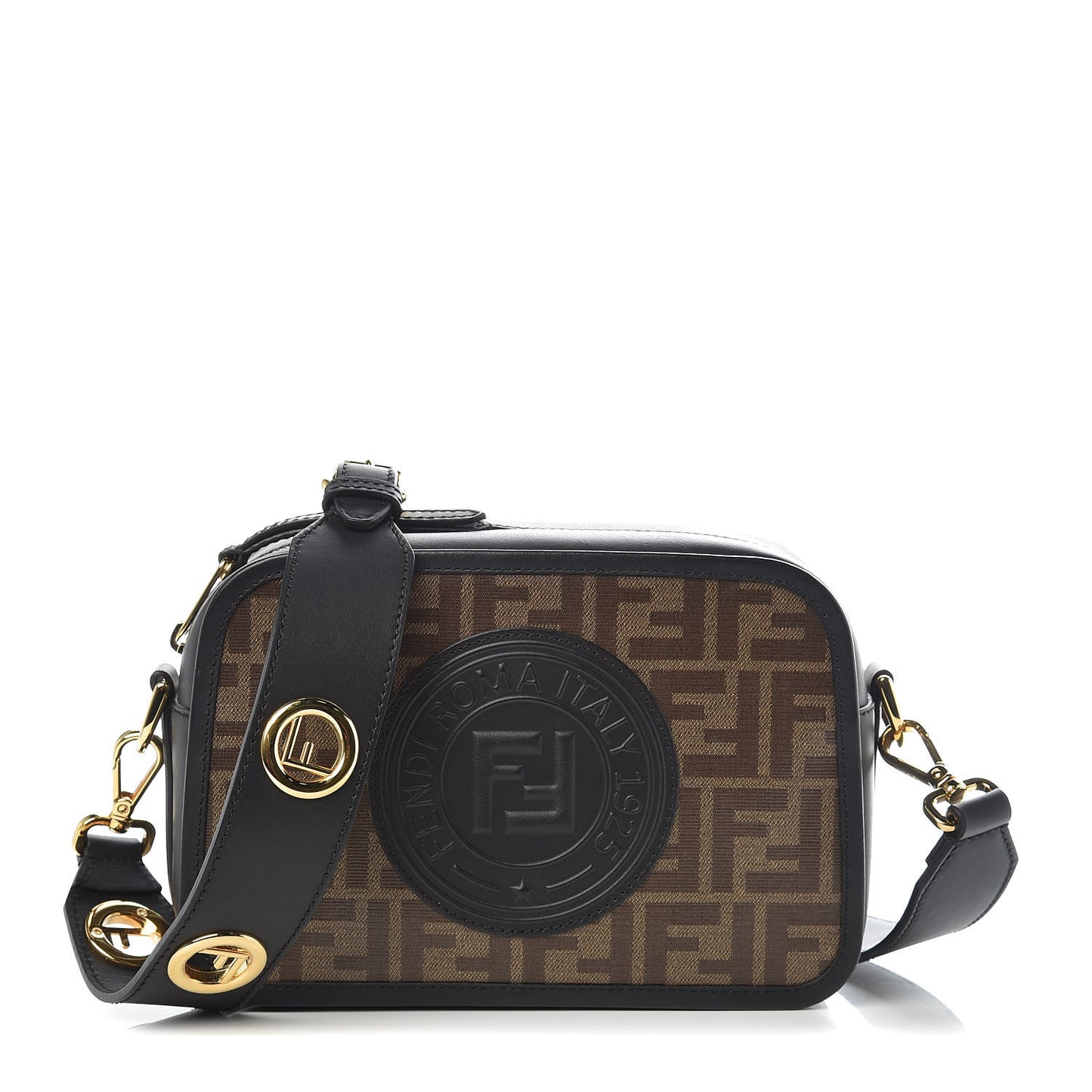 Glazed Fabric Vitello Century F is Fendi FF 1974 Stamp Patch Camera Case Mogano Panna Black