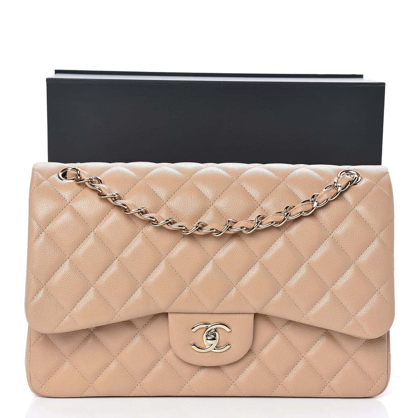 Caviar Quilted Jumbo Double Flap Beige