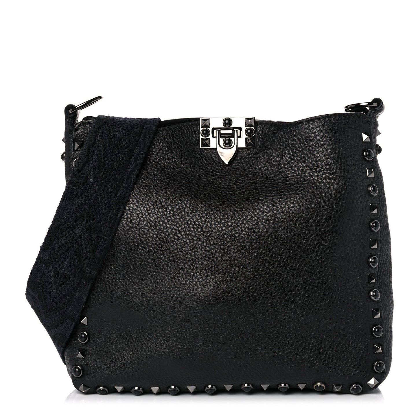 Pebbled Calfskin Onyx Small Rockstud Rolling Flip-Lock Messenger Bag Black
