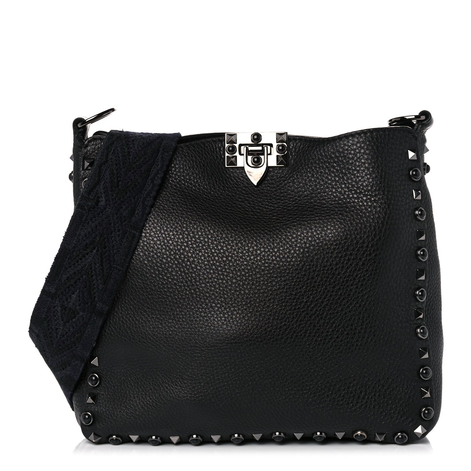 Valentino Garavani Pebbled Calfskin Onyx Small Rockstud Rolling Flip-Lock Messenger Bag Black 1 of 14