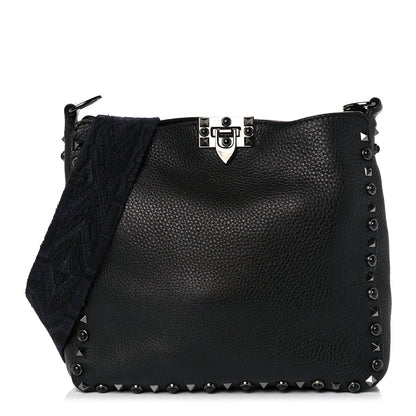 Valentino Garavani Pebbled Calfskin Onyx Small Rockstud Rolling Flip-Lock Messenger Bag Black 1 of 14