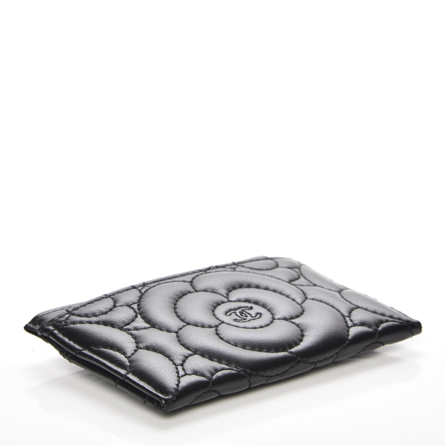 Lambskin Camellia Stitched Card Holder Black