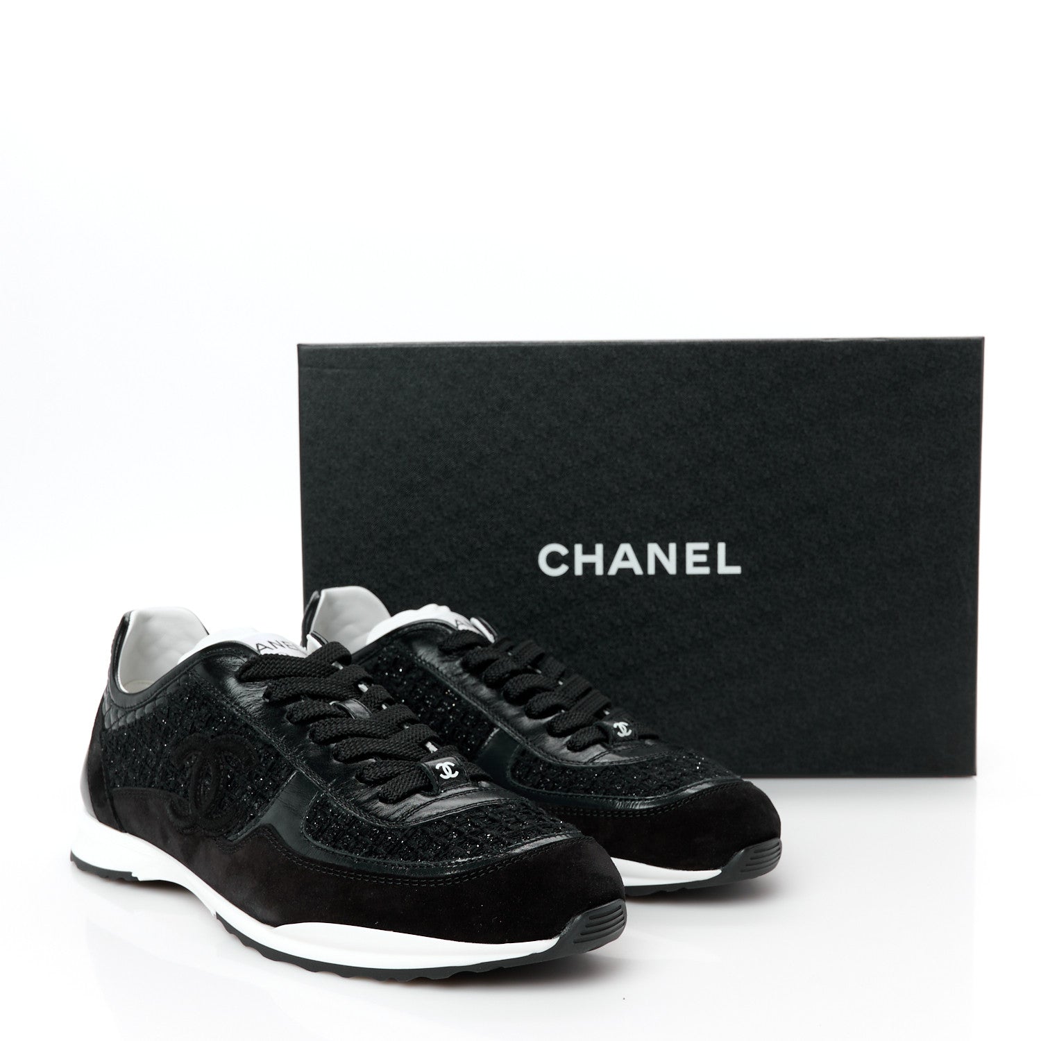 Chanel Tweed Suede Shiny Calfskin CC Sneakers 41 Black 10 of 10