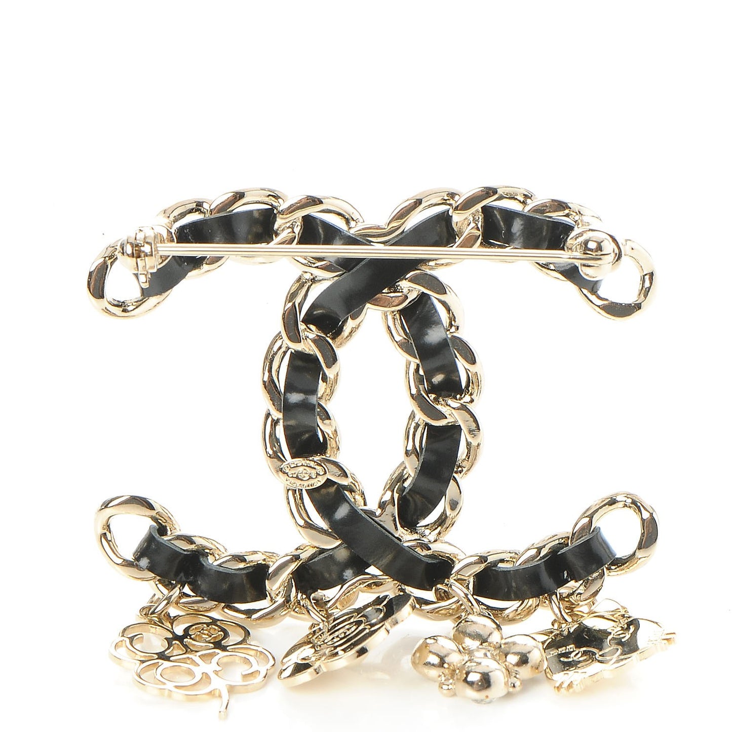 Lambskin Crystal Chain CC Charms Brooch Black Gold