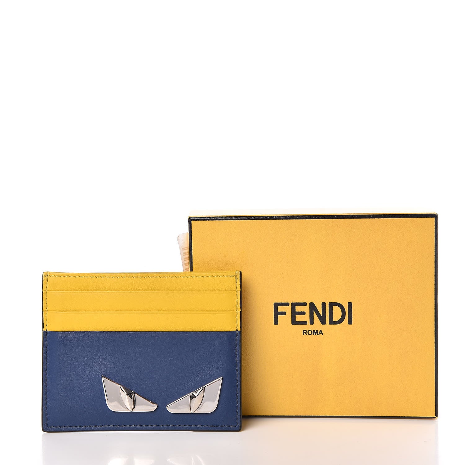 Fendi Vitello Century Bi-Color Metal Monster Eyes Card Holder True Blue Sunflower 9 of 9