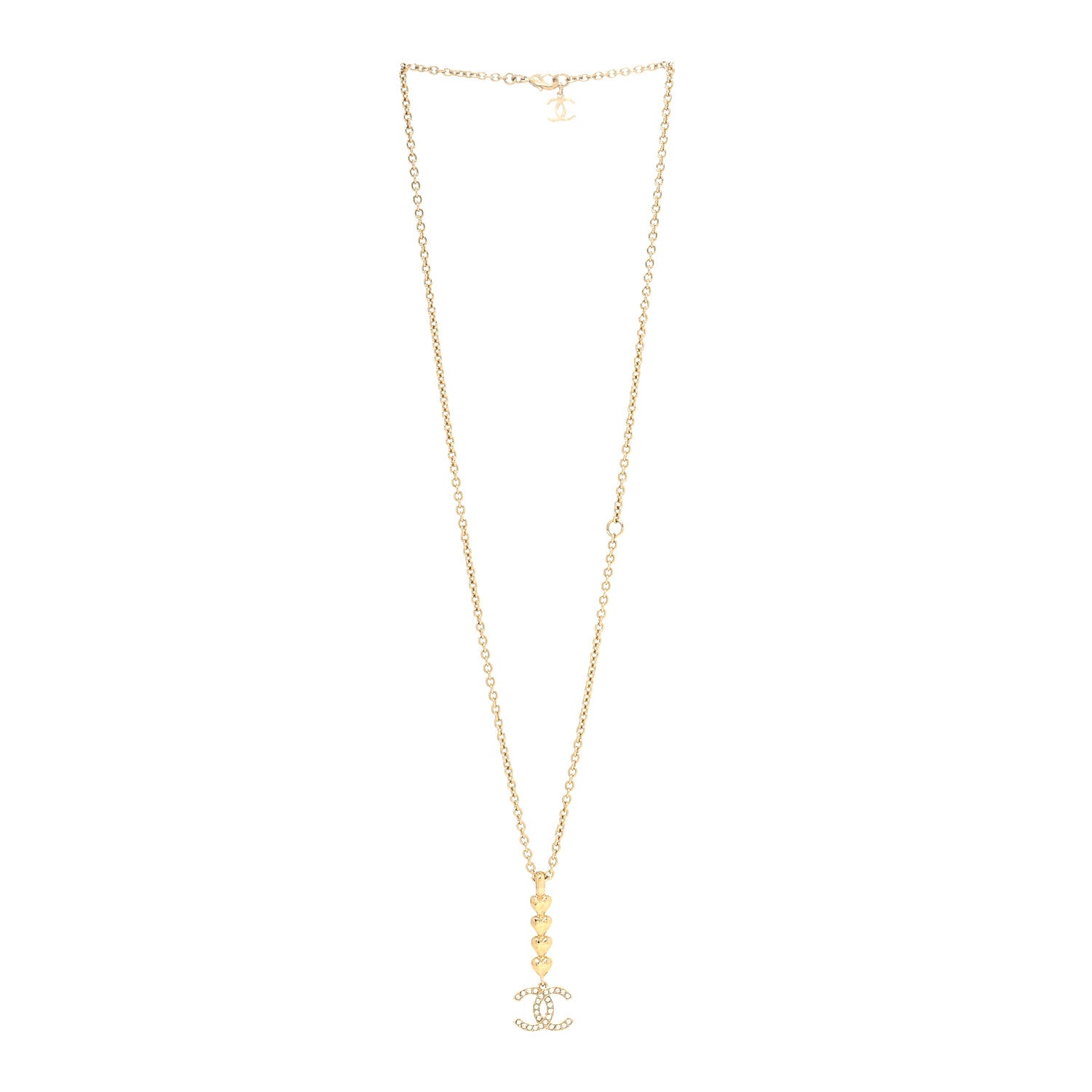 Chanel Crystal CC Heart Link Drop Necklace Gold 3 of 5
