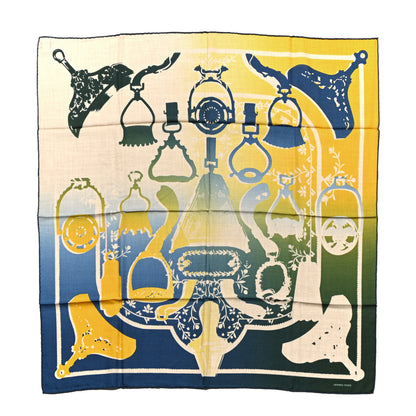 Hermes Cashmere Silk Etrier Chromatique Scarf 100 Bleu Jaune Vert 1 of 4