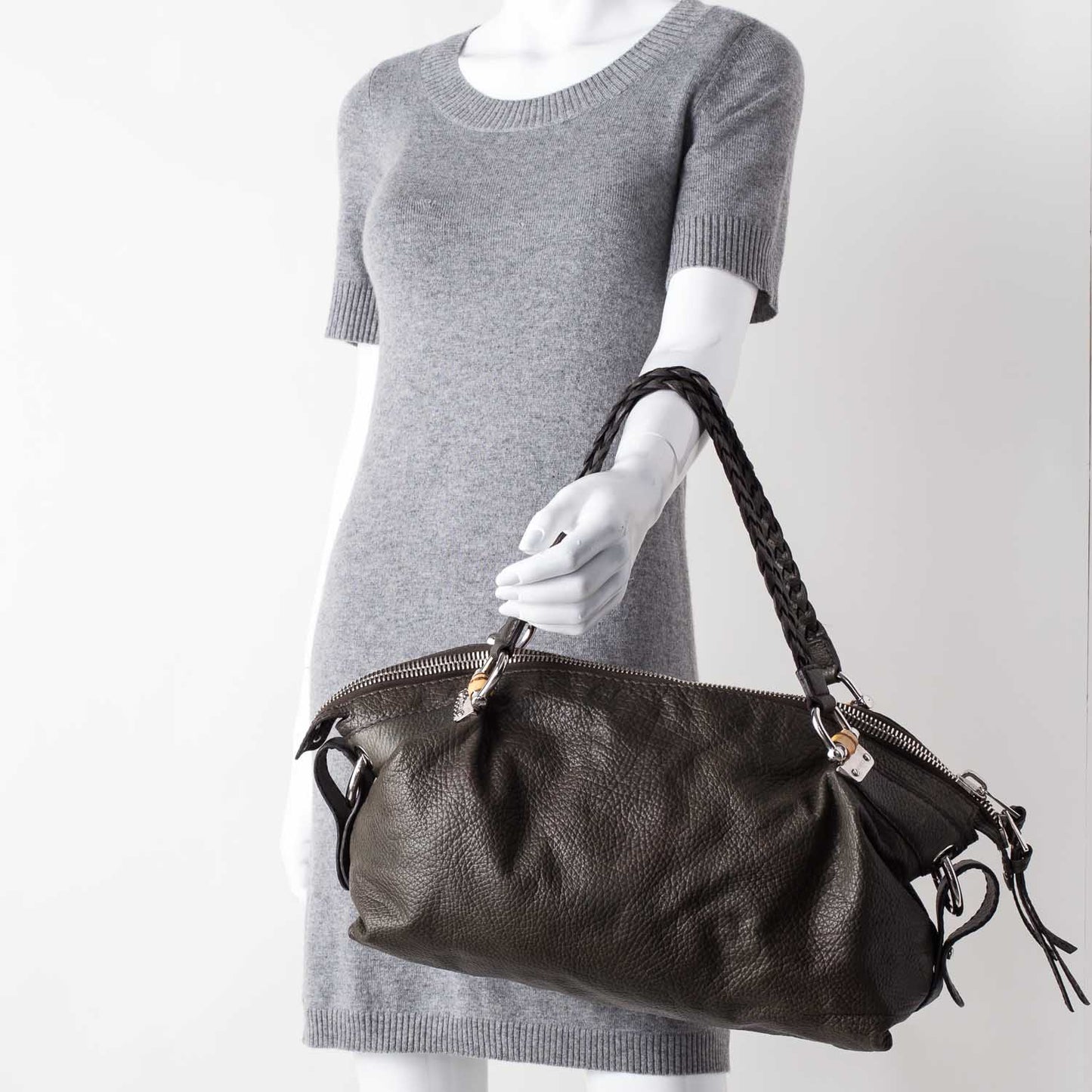 Leather Bamboo Bar Medium Tote Military Green
