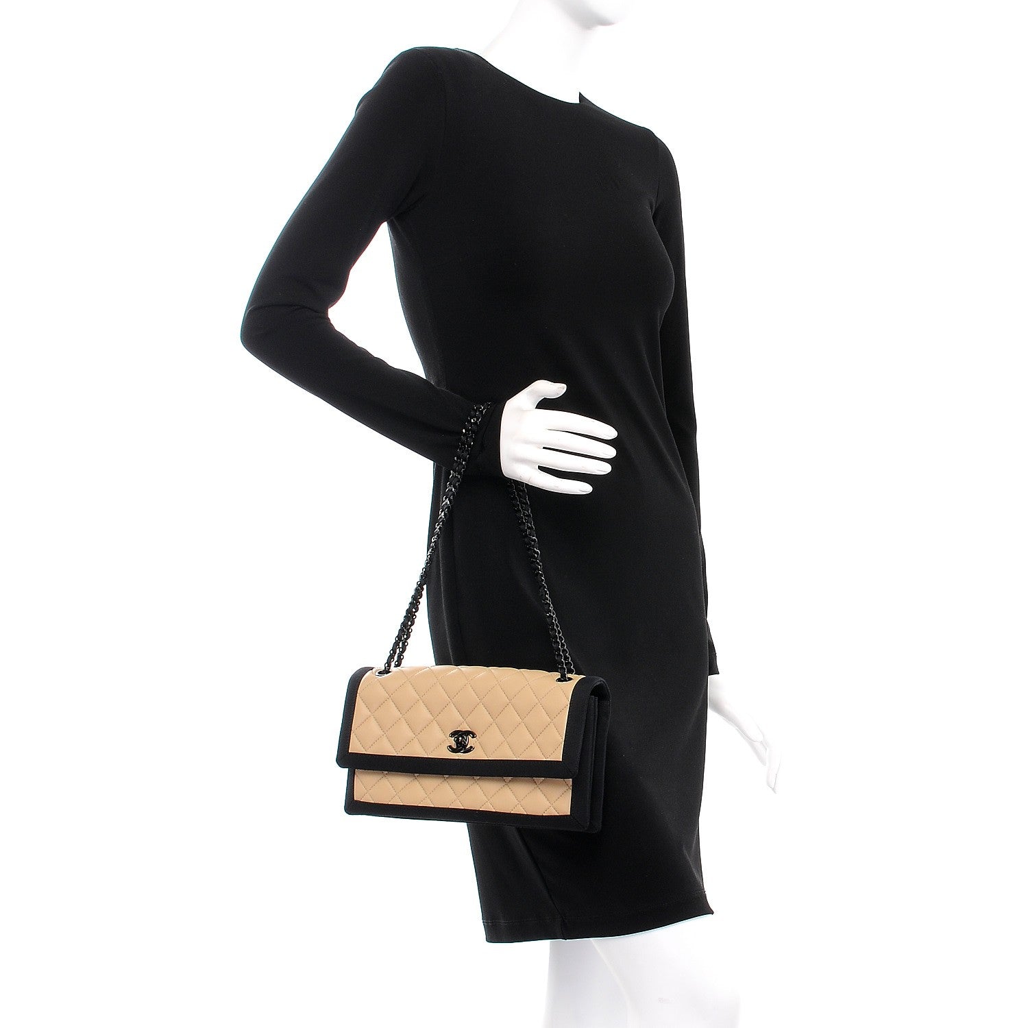 Chanel Lambskin Grosgrain Quilted Flap Beige Black 3 of 10