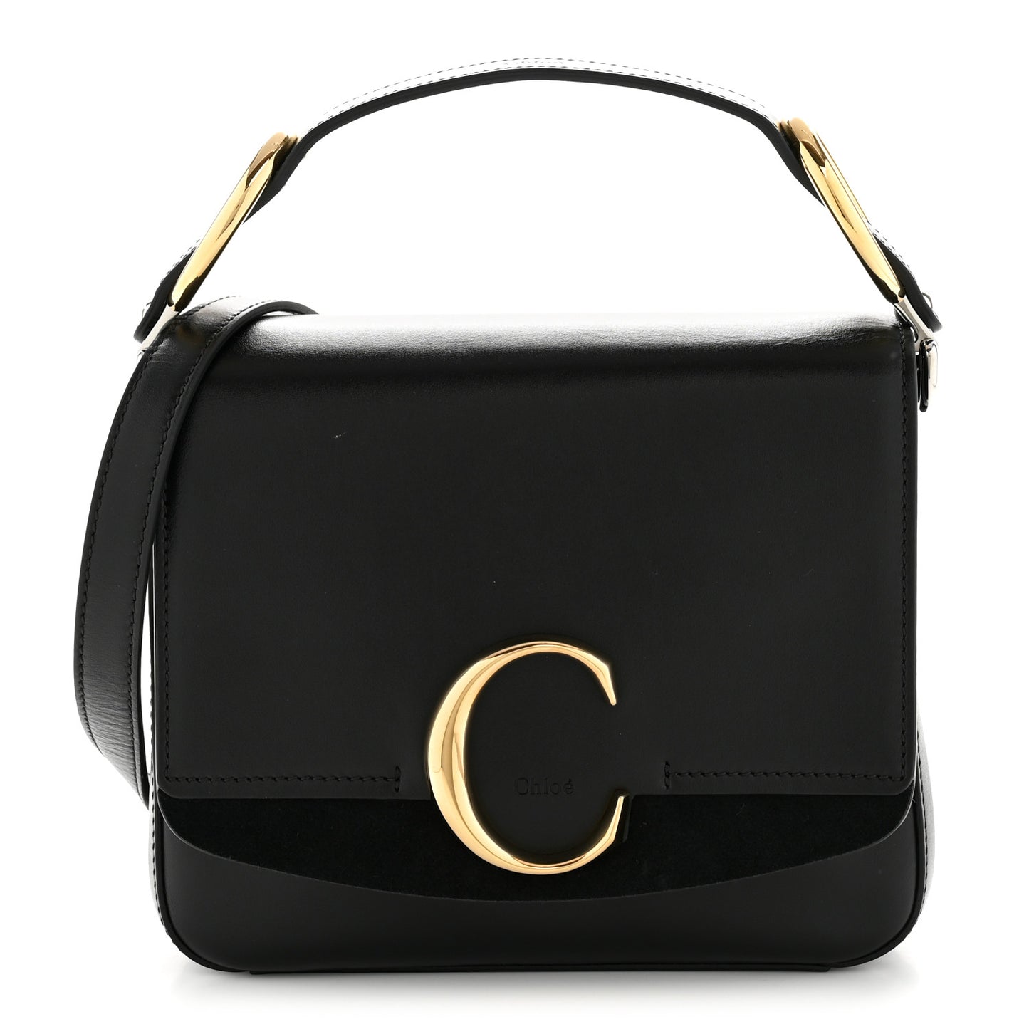 Shiny Calfskin Suede Small C Double Carry Black