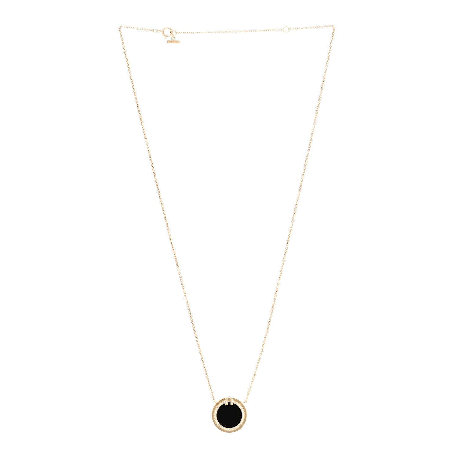 Tiffany 18K Yellow Gold Diamond Black Onyx 16mm T Circle Pendant Necklace 3 of 6
