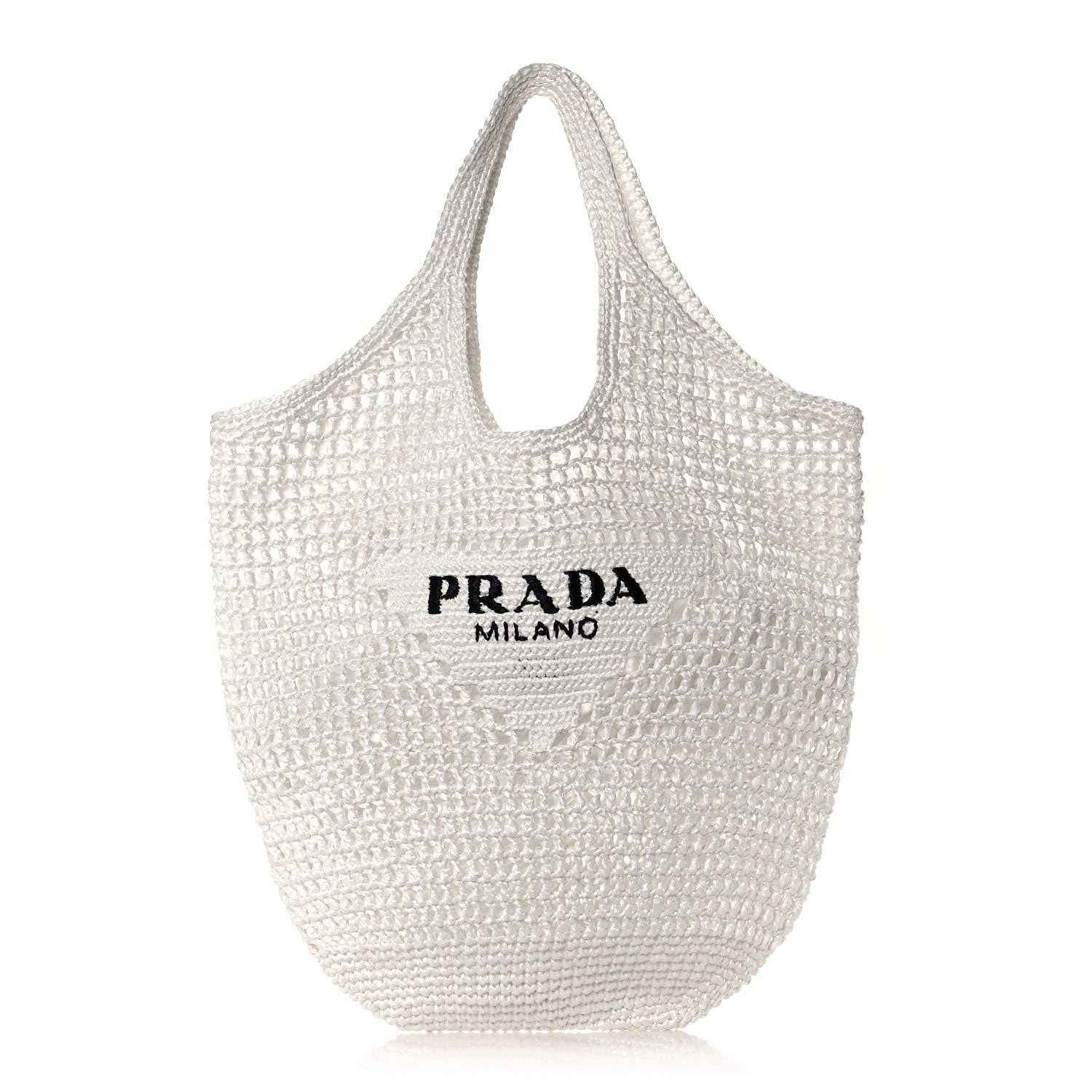Prada Yarn Raffia Effect Crochet Logo Embroidered Shopping Tote Bag White 1 of 11