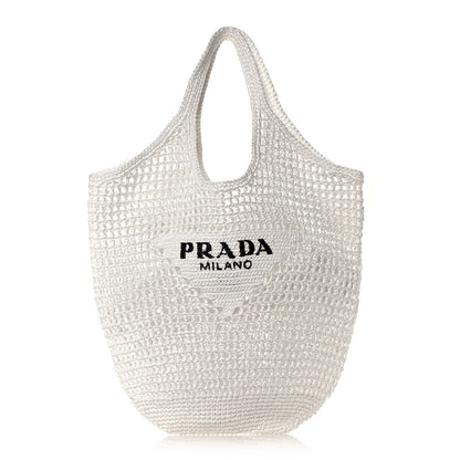 Prada Yarn Raffia Effect Crochet Logo Embroidered Shopping Tote Bag White 1 of 11