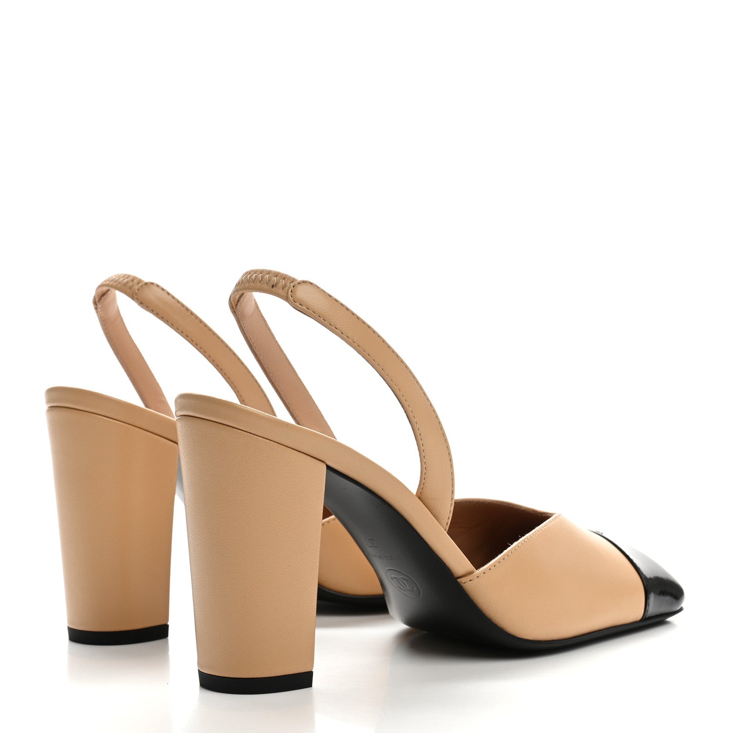 Chanel Lambskin Patent Calfskin Cap Toe CC Slingback Pumps 37 Beige Black 5 of 10