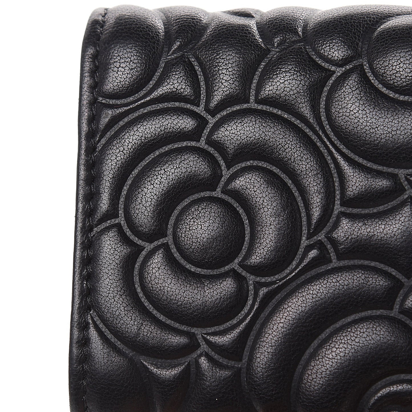 Goatskin Camellia Embossed Flap Card Holder Wallet Black