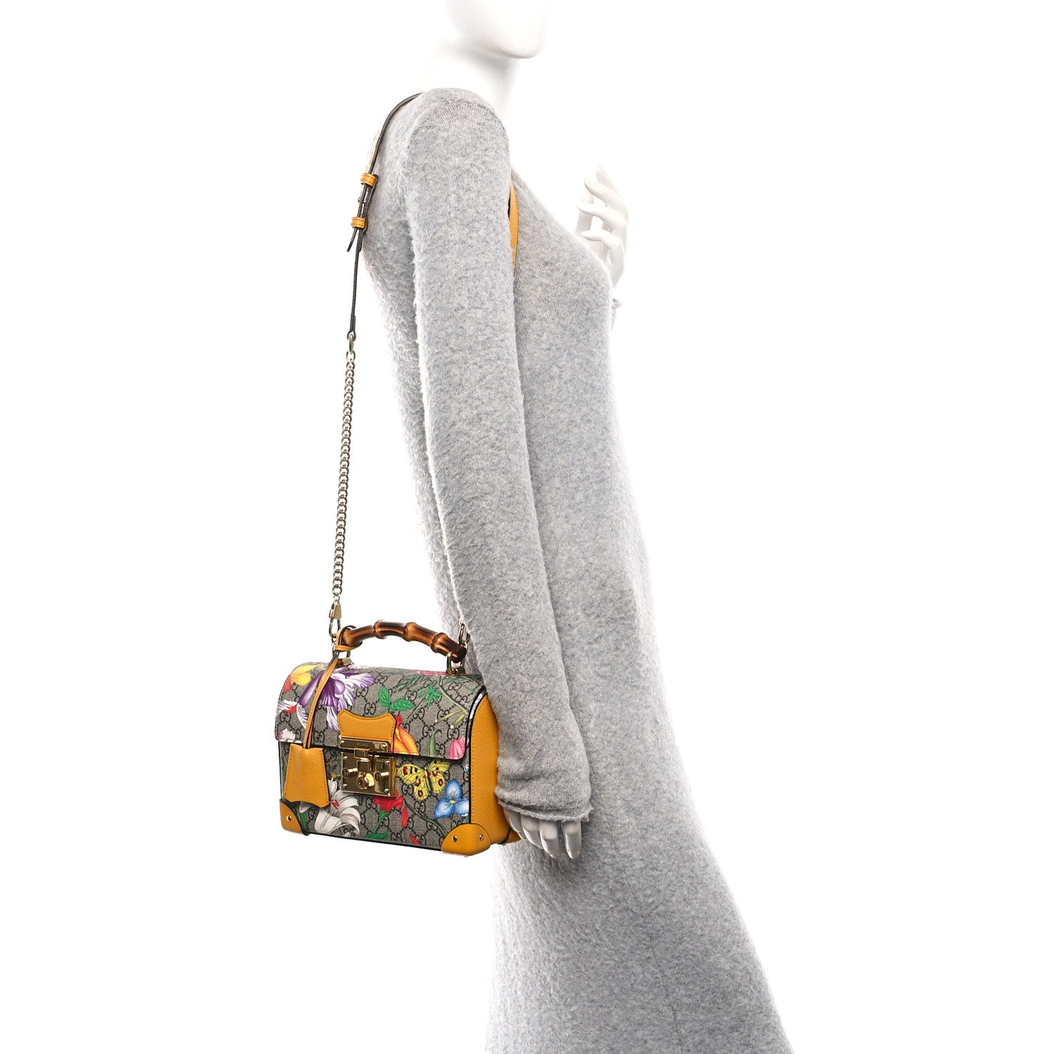 Gucci GG Supreme Monogram Flora Small Padlock Bamboo Shoulder Bag