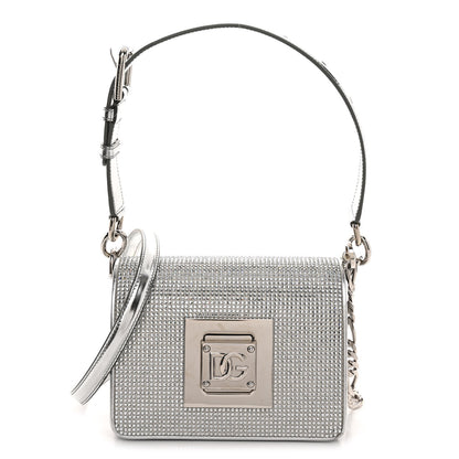 Dolce & Gabbana DOLCE GABBANA Metallic Calfskin Crystal Embellished Small Bella Cubo DG Chain Flap Bag With Cuff Silver 1 of 10