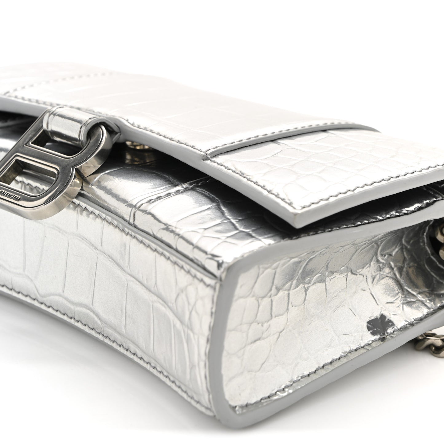 Metallic Calfskin Crocodile Embossed Hourglass Chain Bag Silver