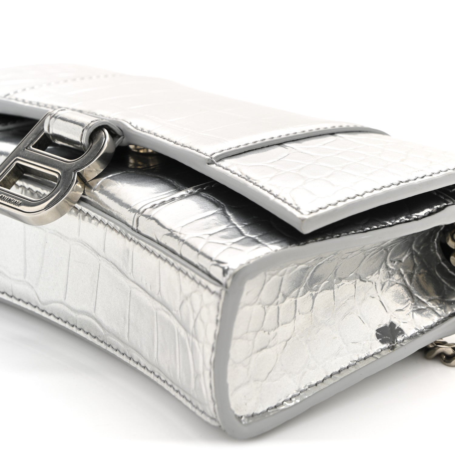 Balenciaga Metallic Calfskin Crocodile Embossed Hourglass Chain Bag Silver 11 of 11