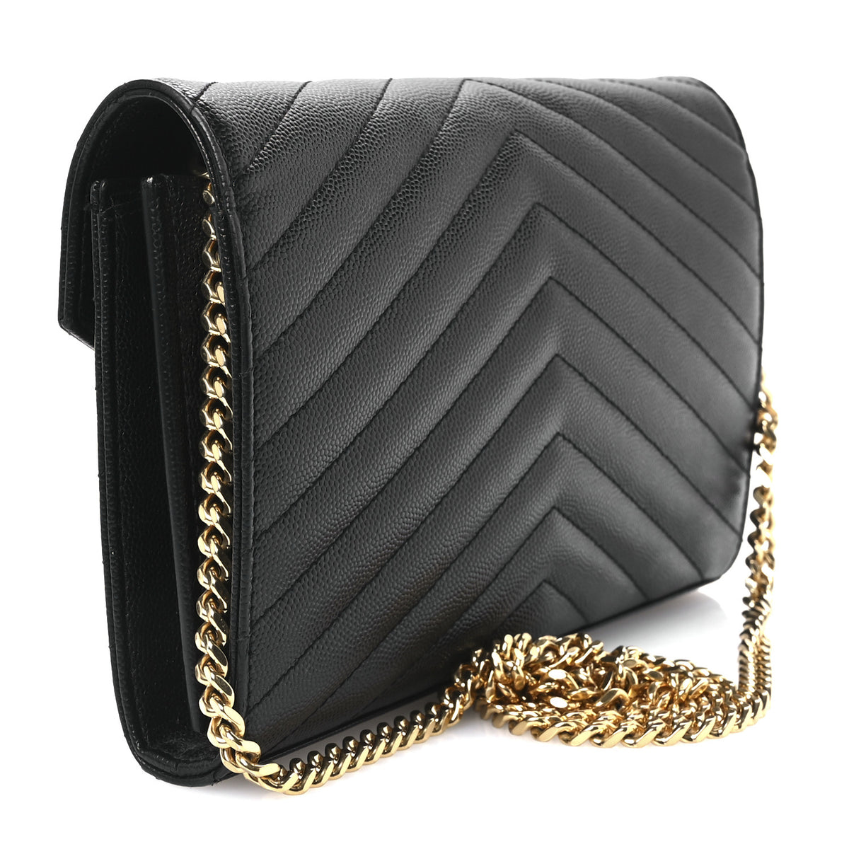 Saint Laurent Grain De Poudre Matelasse Chevron Monogram Chain Wallet Black 2 of 9