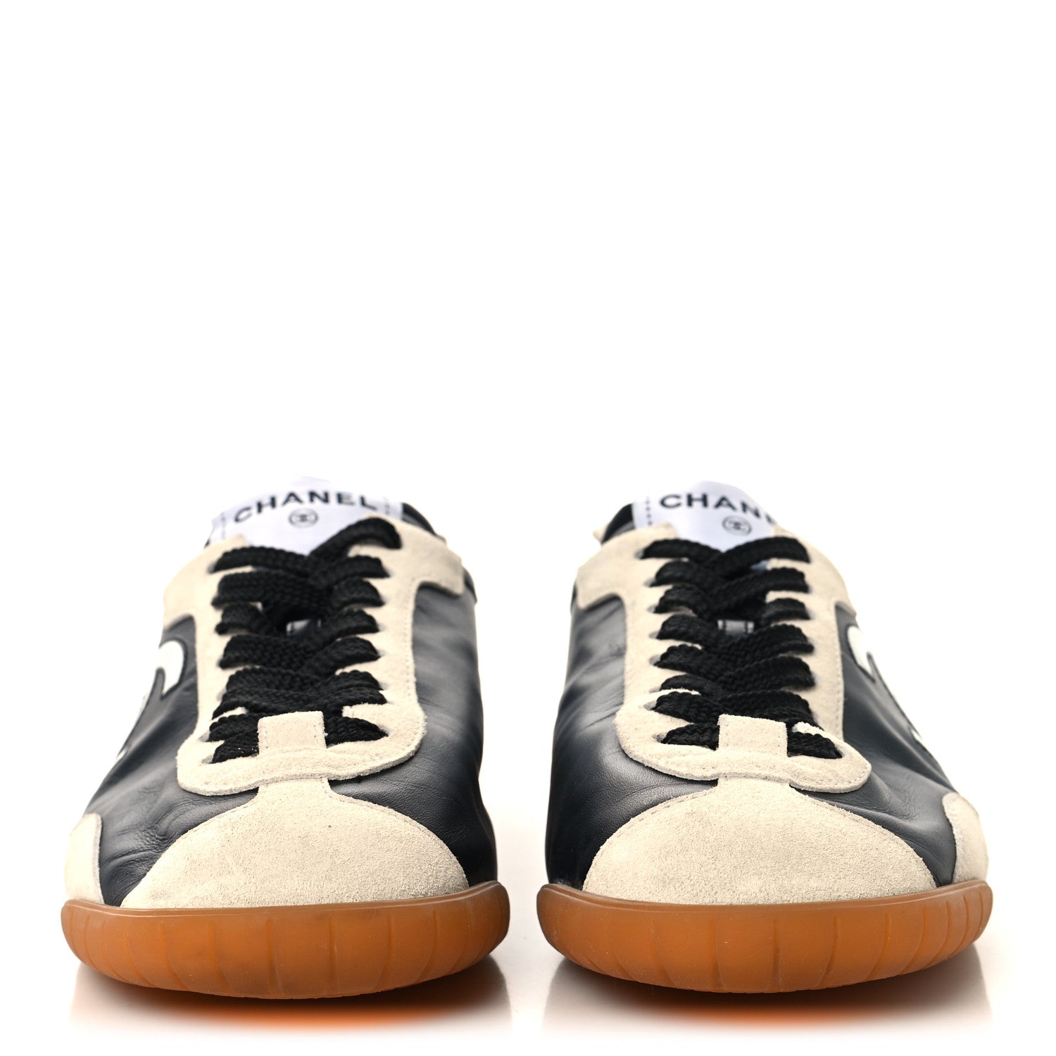 Chanel Calfskin Embossed Suede Womens CC Sneakers 37 Black White 3 of 8