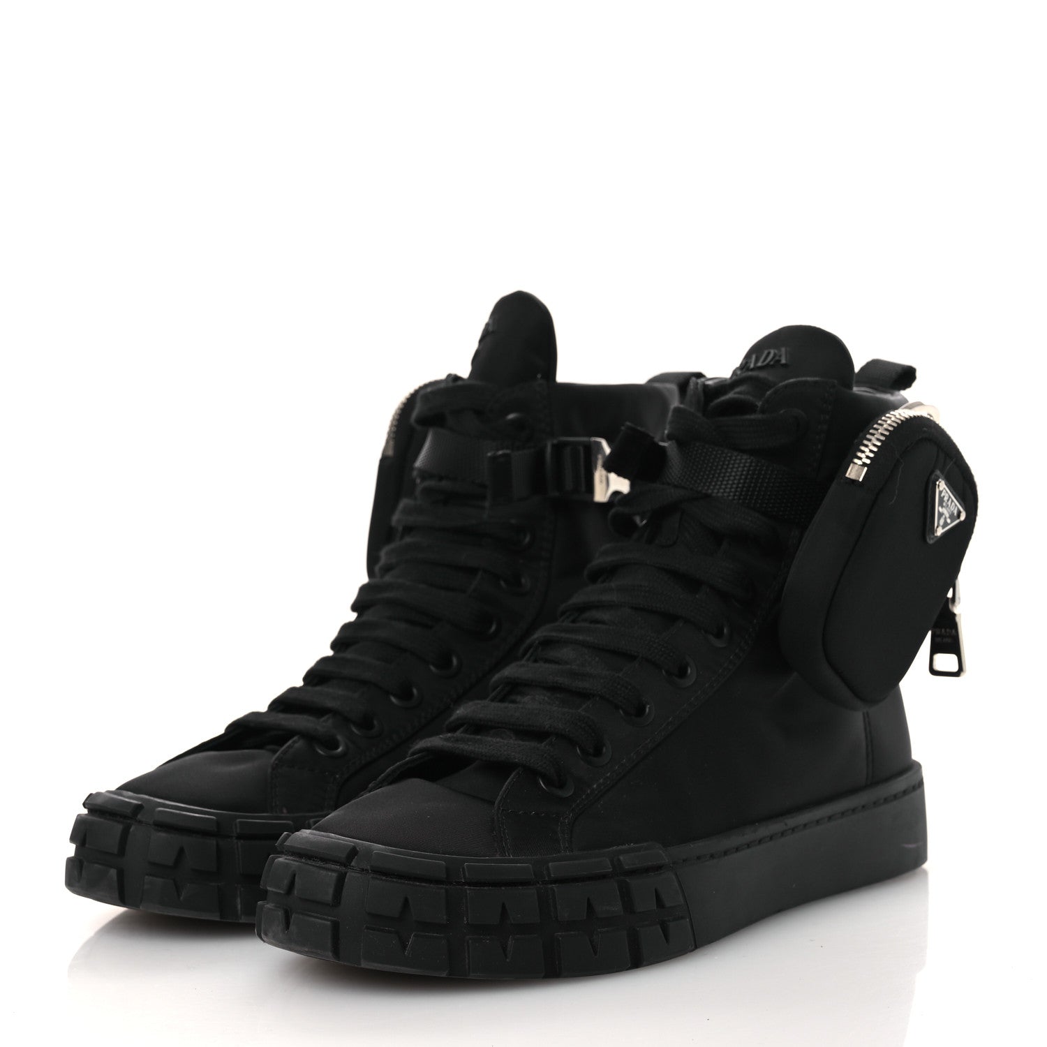 Prada Re-Nylon Gabardine Triangle Womens Wheel Pouch Pocket High Top Sneakers 38 Black 4 of 12