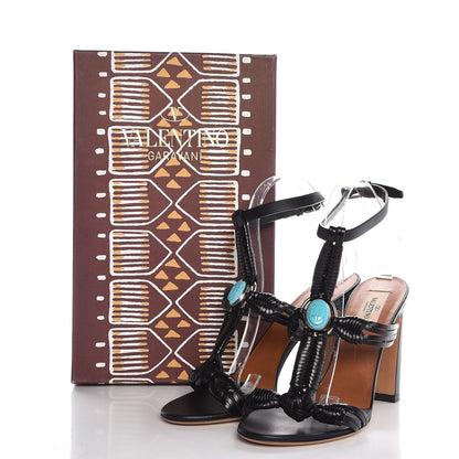 Valentino Garavani Calfskin Embellished Woven Sandals 38.5 Black Turquoise 8 of 8