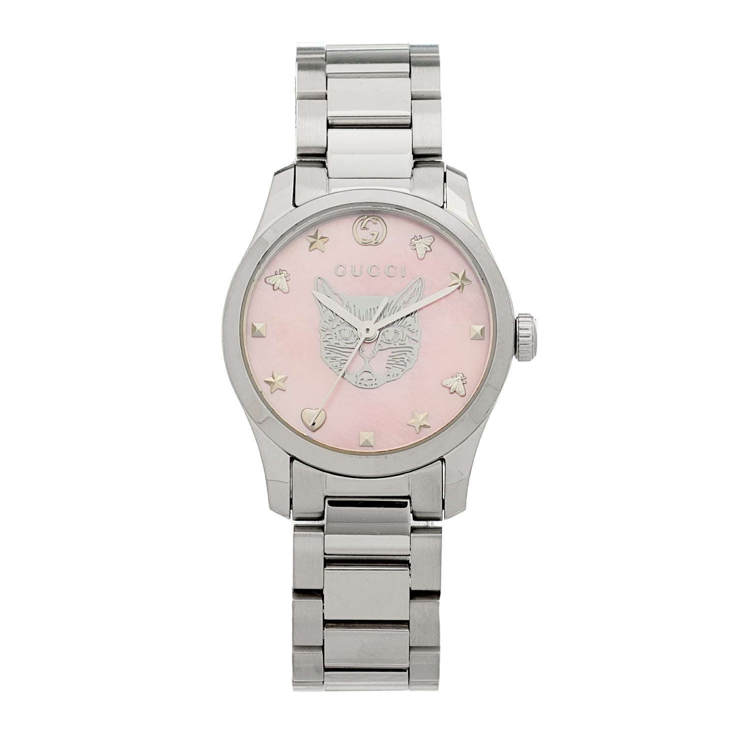 Gucci Stainless Steel Pink Mother of Pearl 27mm G-Timeless Cat Quartz Watch 1 of 5