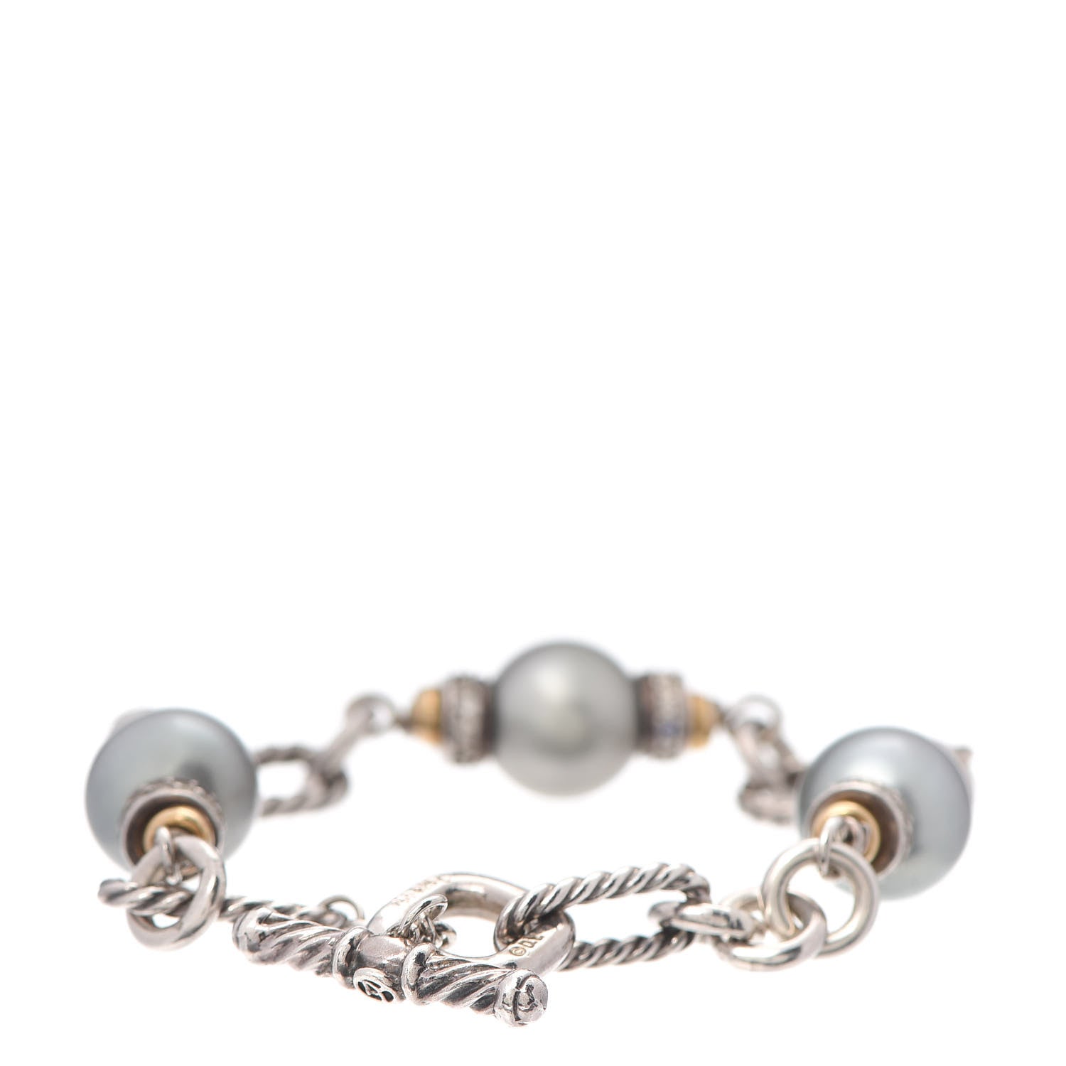 David Yurman Sterling Silver 18K Yellow Gold Diamond Tahitian Pearl 11.5mm Figaro Bracelet 3 of 4