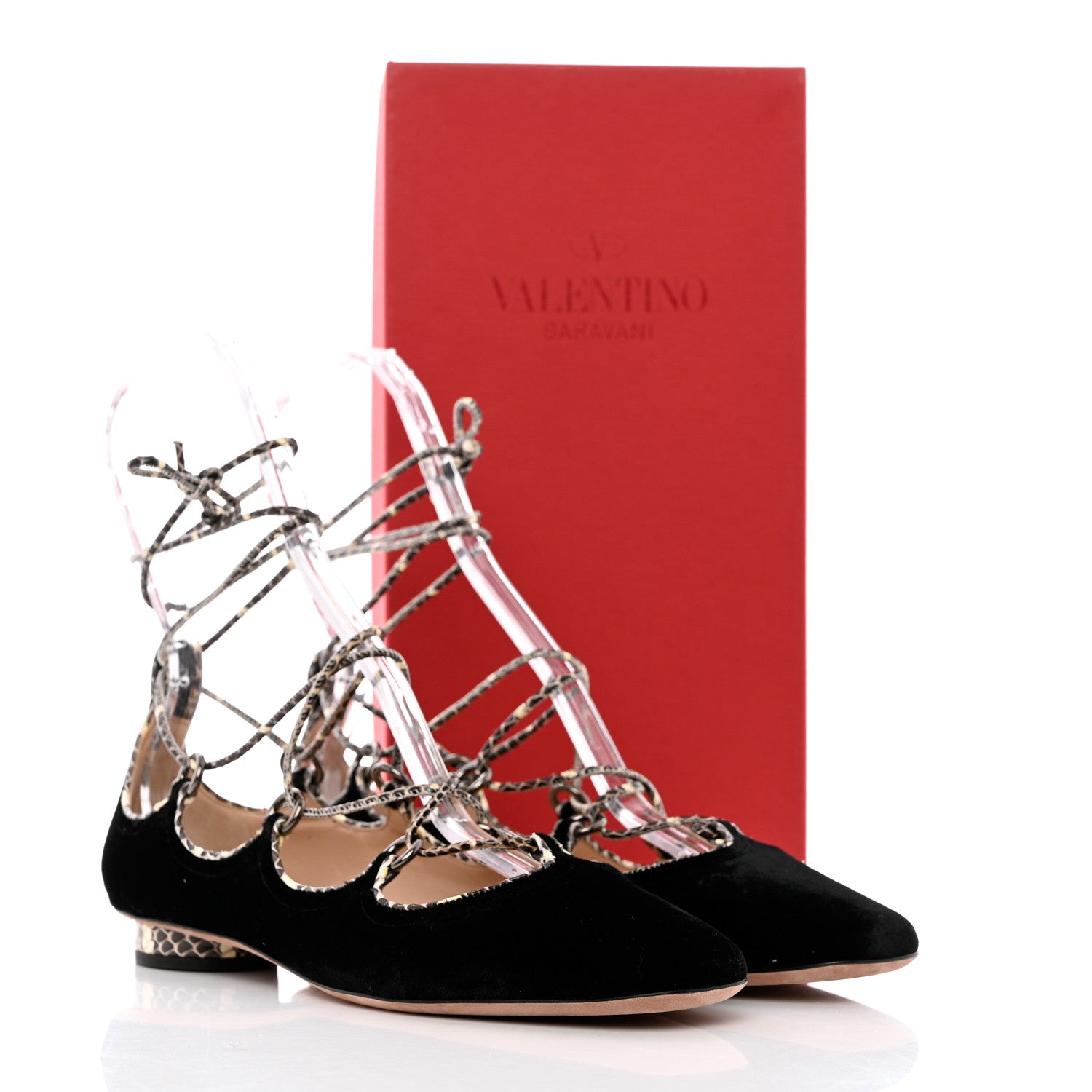 Valentino Garavani Calfskin Snakeskin Embossed Velvet Crossover Ballerina Flats 38 Black Roccia 9 of 9