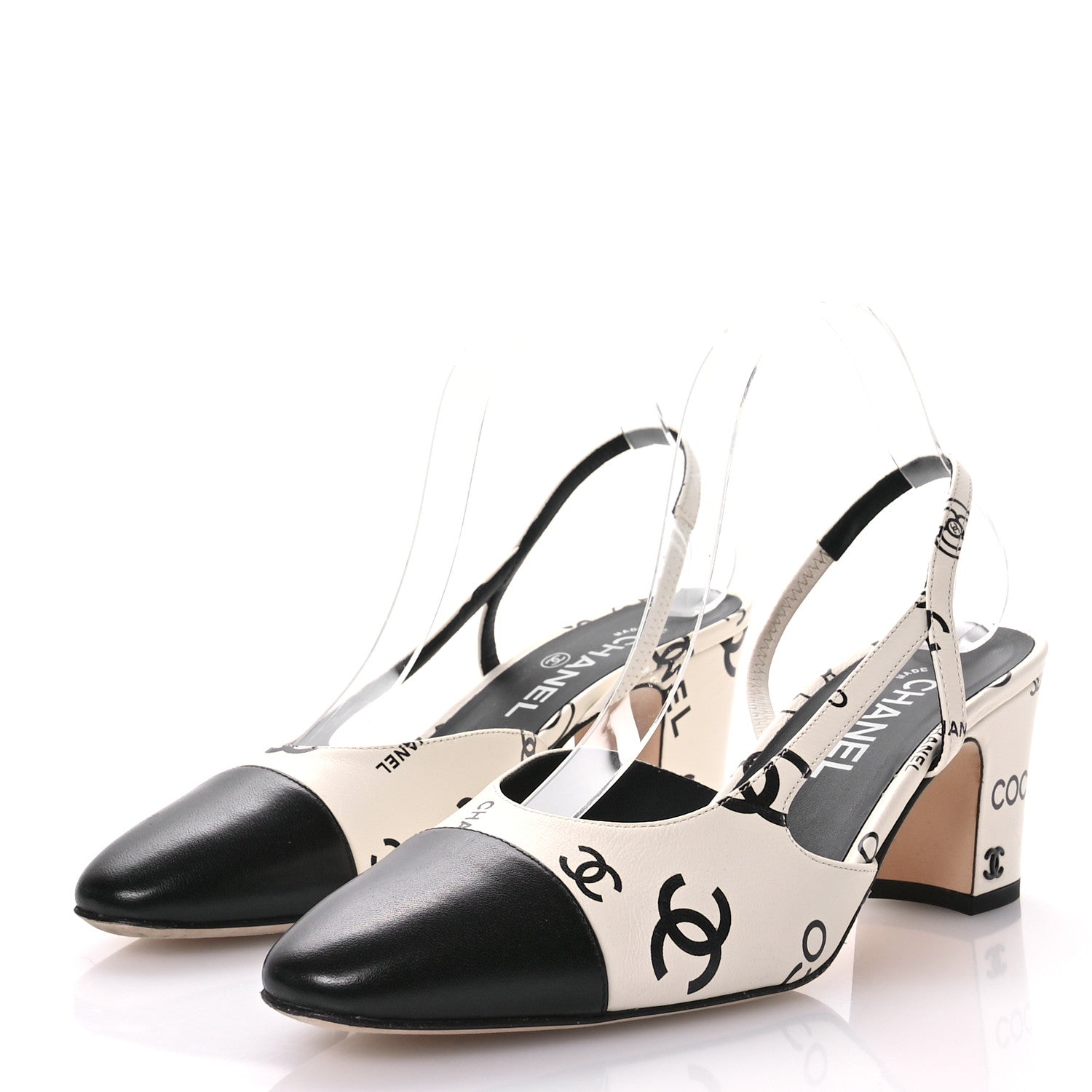 Chanel Printed Lambskin Cap Toe CC Slingback Pumps 40 Black White 4 of 9