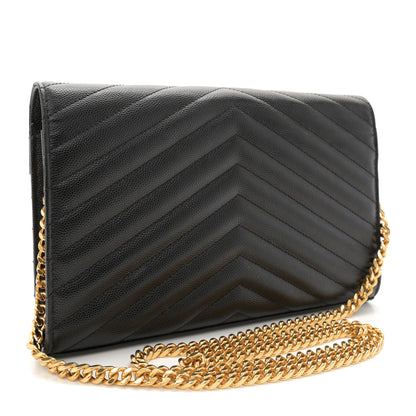 Saint Laurent Grain De Poudre Matelasse Chevron Monogram Chain Wallet Black 3 of 12