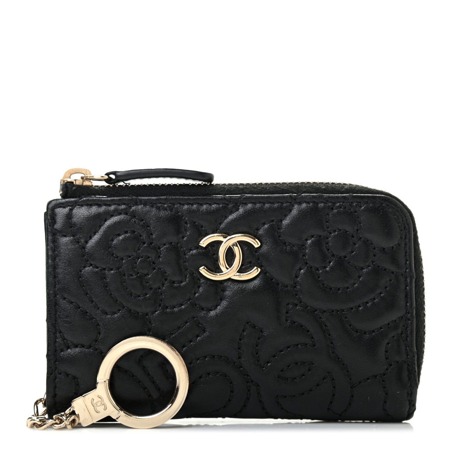 Chanel Lambskin Camellia Embossed Key Holder Case Black 1 of 9