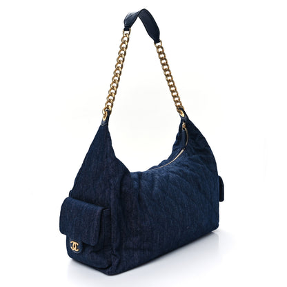 Chanel Washed Denim Quilted Cargo Maxi Hobo Dark Blue 2 of 10