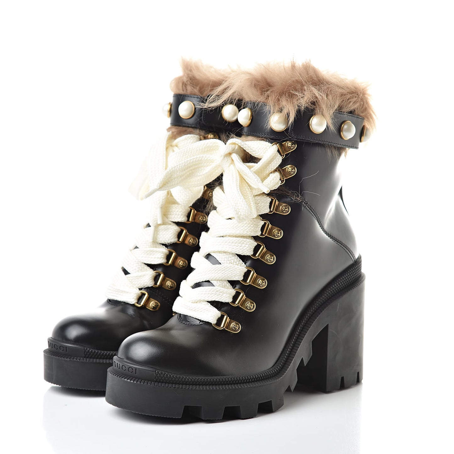 Magnum Calfskin Fur Pearl Lace Up Combat Ankle Boots 36 Black Naturale