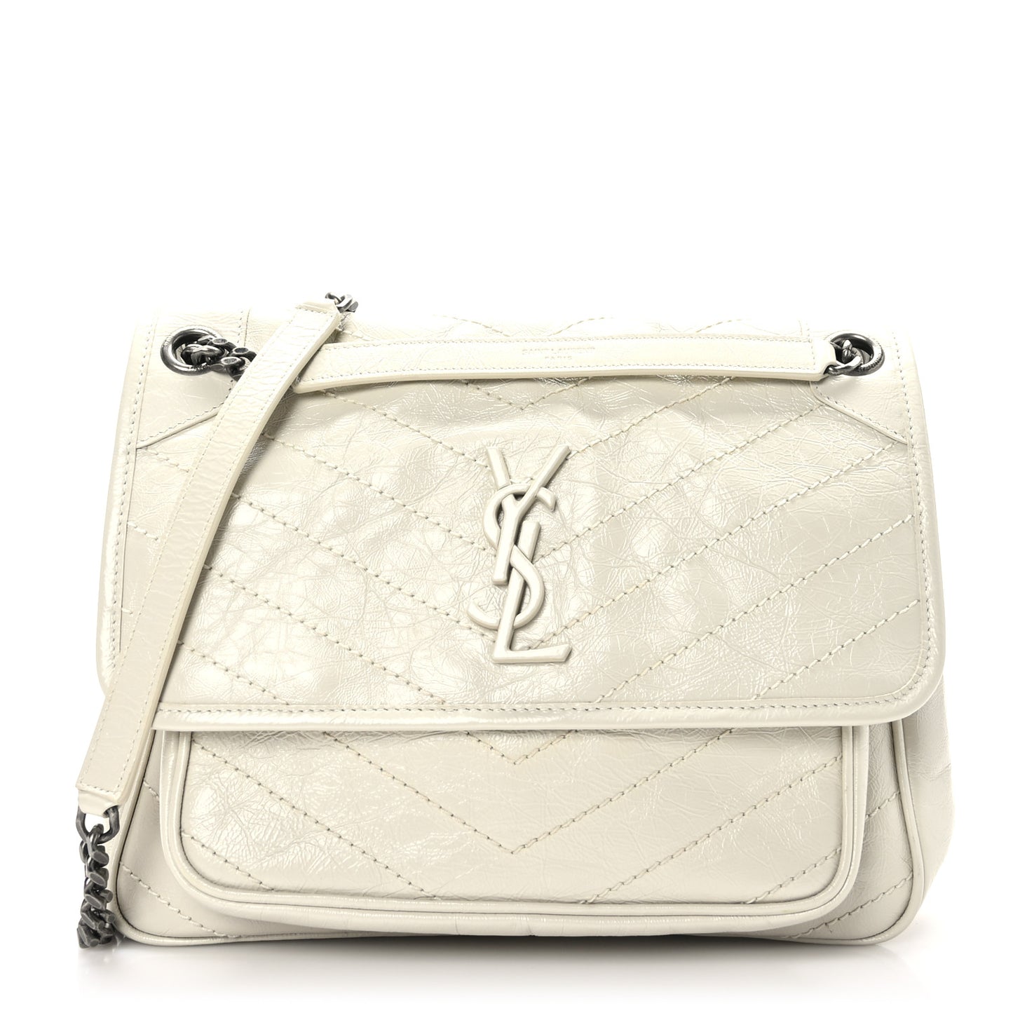 Crinkled Calfskin Matelasse Monogram Medium Niki Chain Satchel Crema Soft