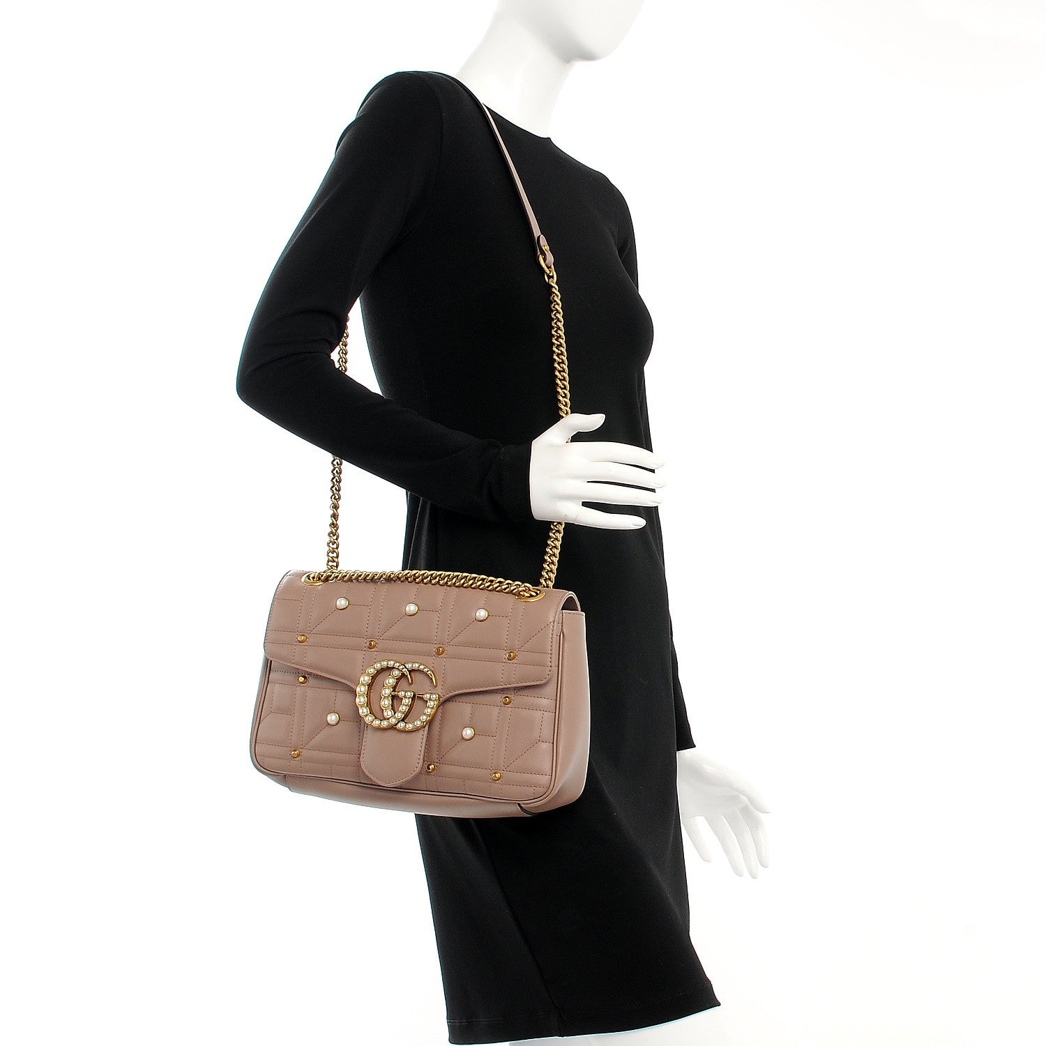 Gucci Calfskin Matelasse Studded Medium Pearly GG Marmont Shoulder Bag Porcelain Rose 2 of 7