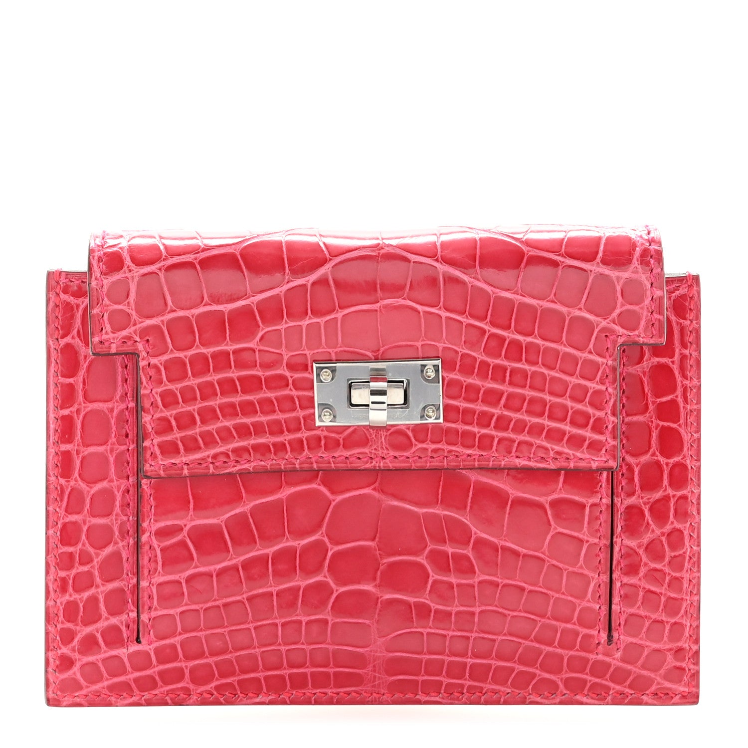 Hermes Shiny Alligator Kelly Pocket Compact Wallet Rose Extreme 1 of 8