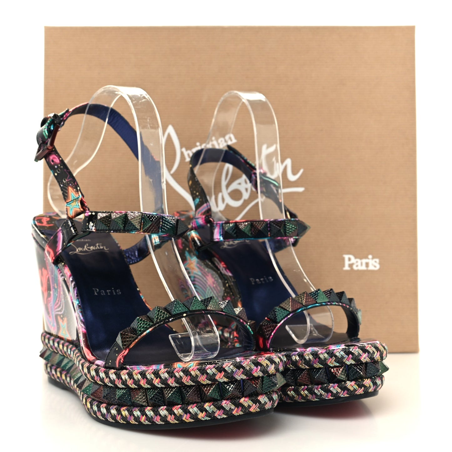 Patent Calfskin Lin By The Night Pyraclou 110 Wedge Sandals 42 Black Multicolor