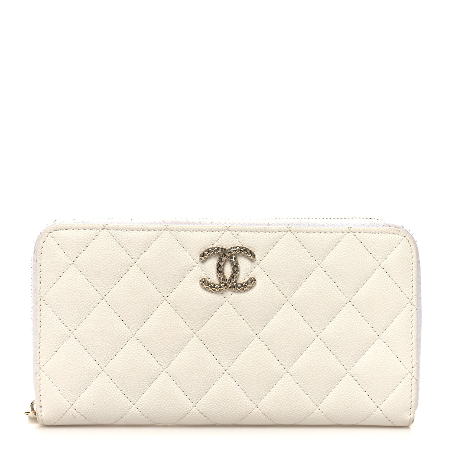 Caviar Quilted Perforated CC Zip Wallet White