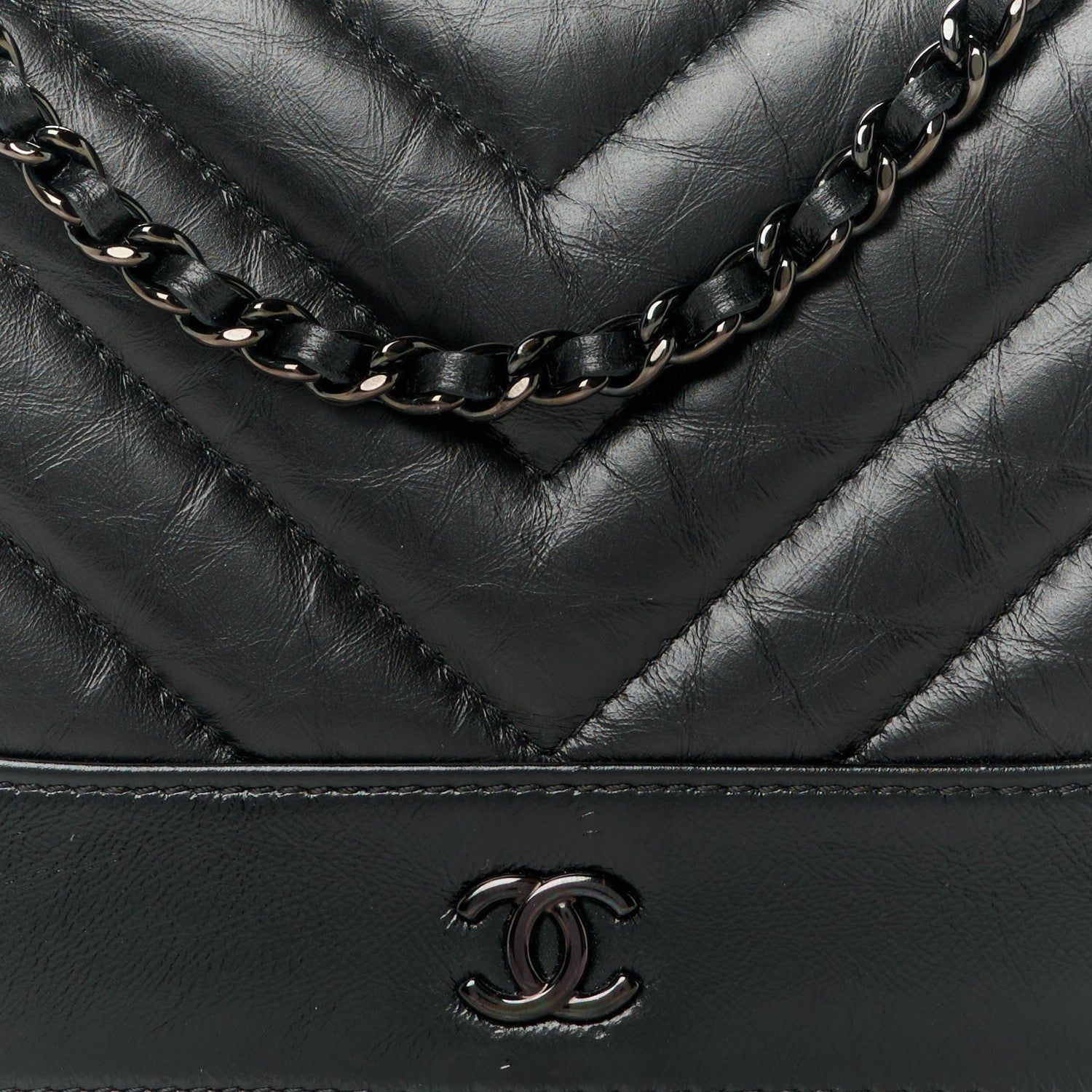 Chanel Aged Calfskin Chevron Quilted Gabrielle Wallet On Chain WOC Black 9 of 11