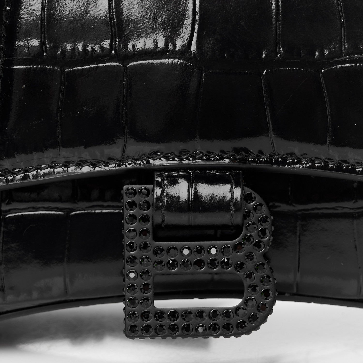 Balenciaga Shiny Calfskin Strass Monochrome Crocodile Embossed Hourglass Top Handle Bag XS Black 7 of 9