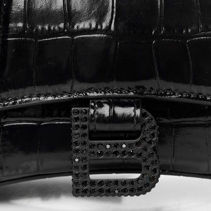 Balenciaga Shiny Calfskin Strass Monochrome Crocodile Embossed Hourglass Top Handle Bag XS Black 7 of 9